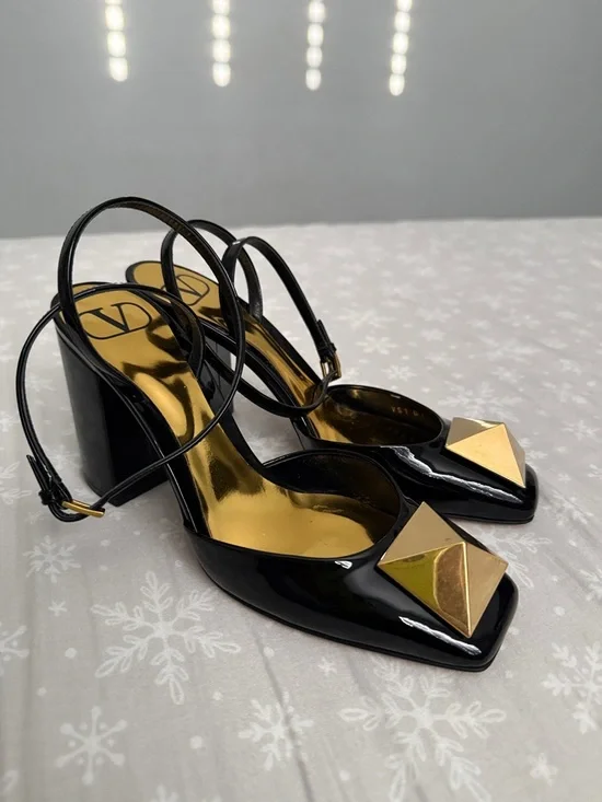 Valentino Black Patent Slingback Pumps with Gold Pyramid Accent - Picture 3 of 15